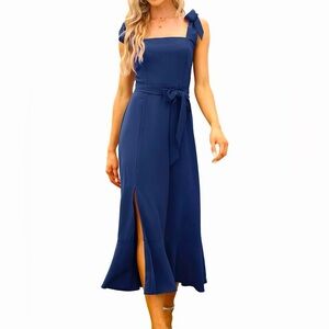 Blue Formal Midi Dress with Bow Details